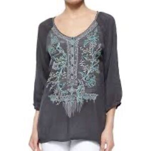 Johnny Was 3/4 Sleeve Gray/Turquoise Tunic Blouse w/Embroidery. Size S.  #9086